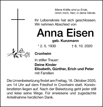 Traueranzeigen von Anna Eisen | trauer.nn.de