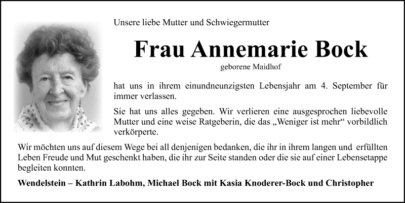  Traueranzeige für Annemarie Bock vom 02.10.2020 aus Gesamtausgabe Nürnberger Nachrichten/ Nürnberger Ztg.