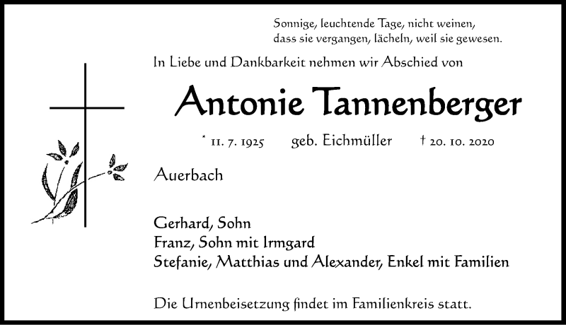  Traueranzeige für Antonie Tannenberger vom 31.10.2020 aus Nordbayerische Nachrichten Pegnitz Lokal