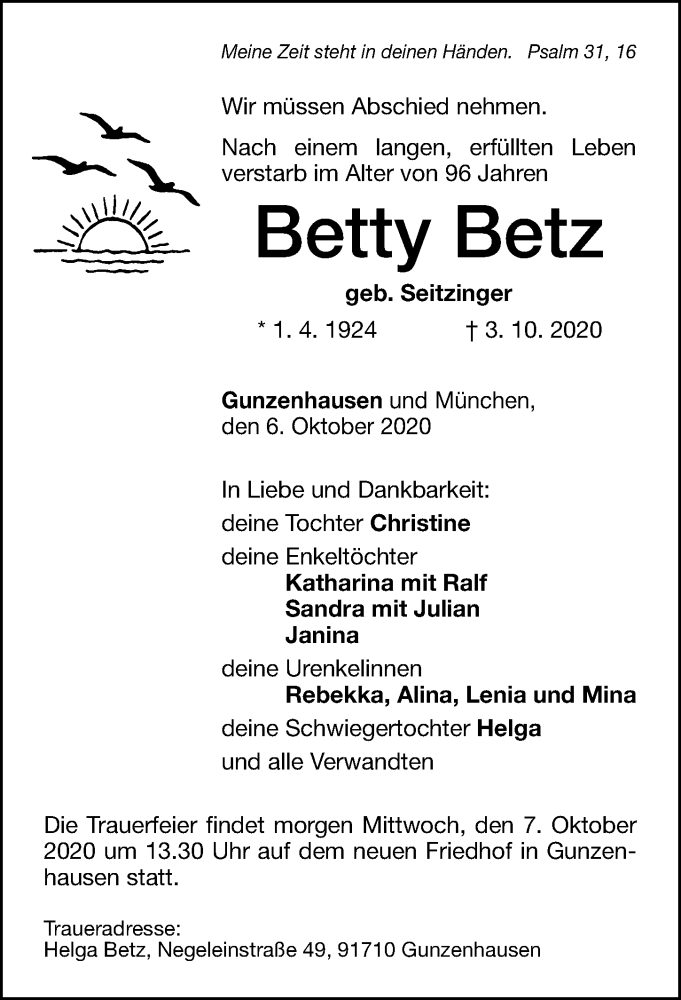  Traueranzeige für Betty Betz vom 06.10.2020 aus Altmühl-Bote Lokal