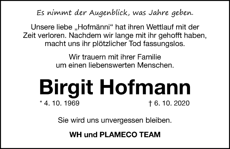  Traueranzeige für Birgit Hofmann vom 10.10.2020 aus Gesamtausgabe Nürnberger Nachrichten/ Nürnberger Ztg.