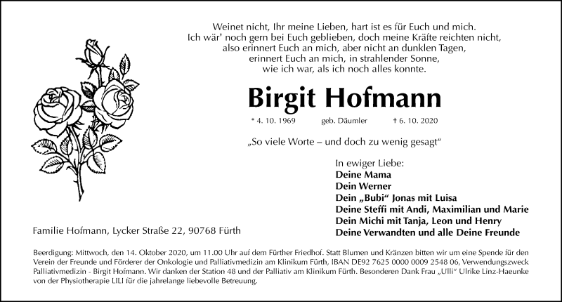  Traueranzeige für Birgit Hofmann vom 10.10.2020 aus Gesamtausgabe Nürnberger Nachrichten/ Nürnberger Ztg./ Fürther Nachrichten