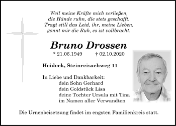 Traueranzeige von Bruno Drossen von Roth-Hilpoltsteiner Volkszeitung Lokal