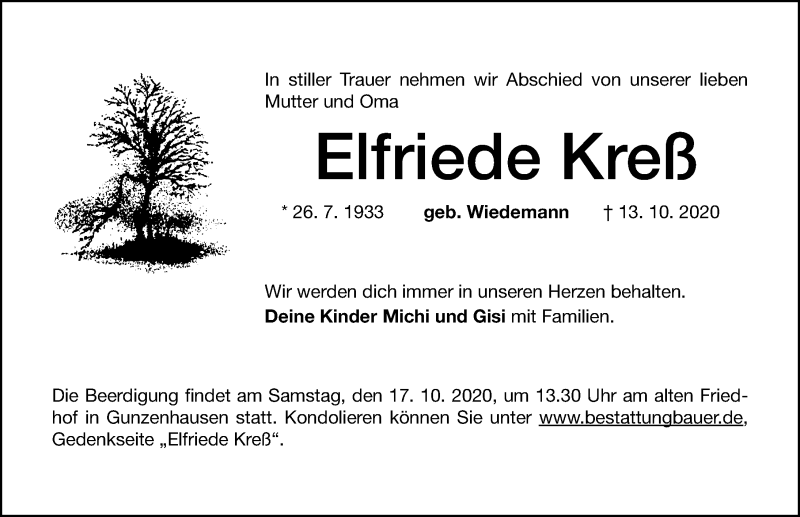  Traueranzeige für Elfriede Kreß vom 15.10.2020 aus Neumarkter Nachrichten Lokal