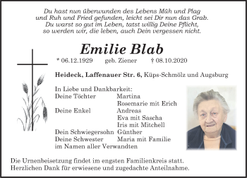 Traueranzeige von Emilie Blab von Roth-Hilpoltsteiner Volkszeitung Lokal