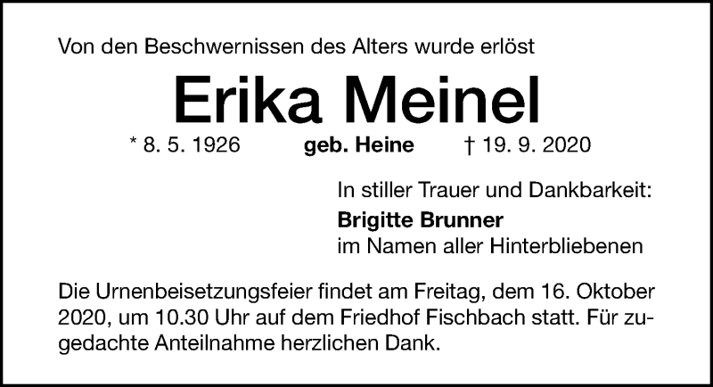  Traueranzeige für Erika Meinel vom 10.10.2020 aus Gesamtausgabe Nürnberger Nachrichten/ Nürnberger Ztg.