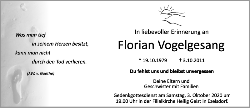  Traueranzeige für Florian Vogelgesang vom 02.10.2020 aus Neumarkter Nachrichten Lokal
