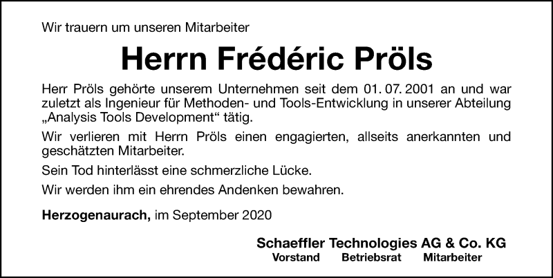  Traueranzeige für Frédéric Pröls vom 09.10.2020 aus Nordbayerische Nachrichten Herzogenaurach Lokal