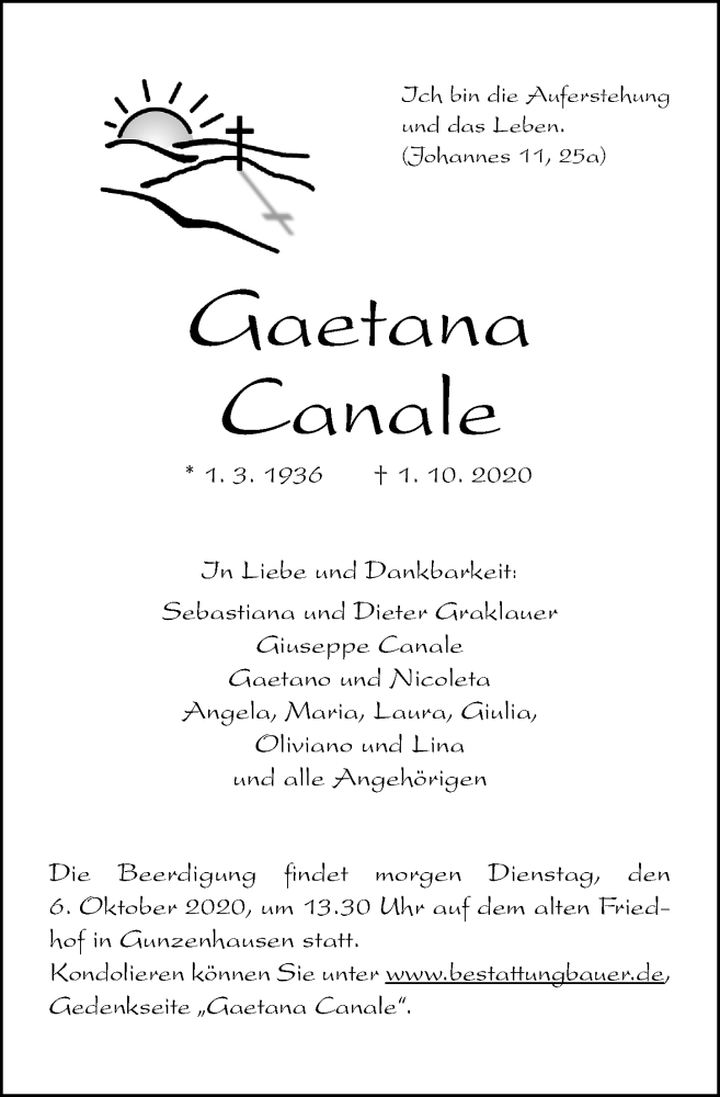  Traueranzeige für Gaetana Canale vom 05.10.2020 aus Altmühl-Bote Lokal