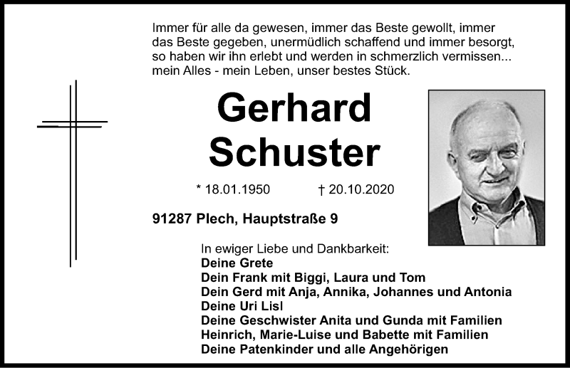  Traueranzeige für Gerhard Schuster vom 23.10.2020 aus Gesamtausgabe Nürnberger Nachrichten/ Nürnberger Ztg.