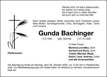 Traueranzeige von Gunda Bachinger von HST,HRHV