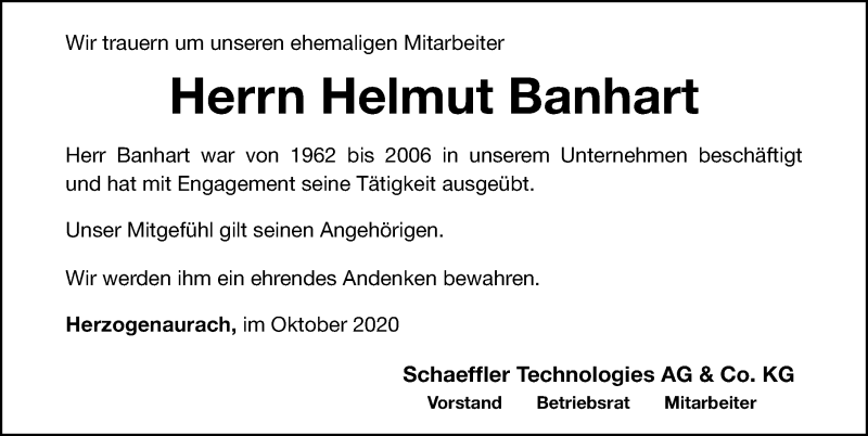  Traueranzeige für Helmut Banhart vom 14.10.2020 aus Nordbayerische Nachrichten Herzogenaurach Lokal