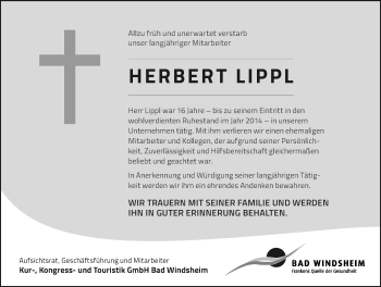 Traueranzeige von Herbert Lippl von Windsheimer Zeitung Lokal