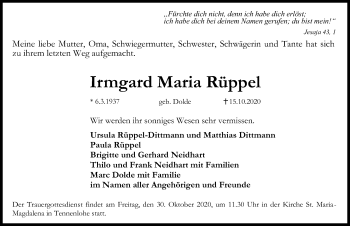 Traueranzeige von Irmgard Maria Rüppel von Erlanger Nachrichten Lokal