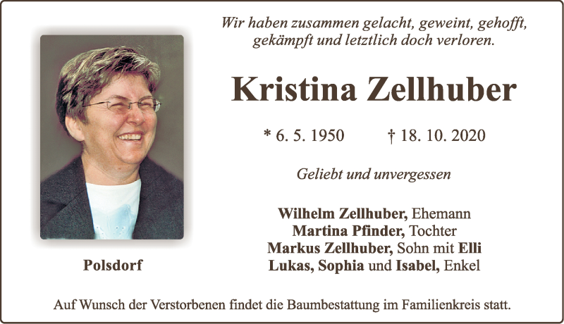  Traueranzeige für Kristina Zellhuber vom 22.10.2020 aus Neumarkter Nachrichten/ Roth-Hilpoltsteiner Volkszeitung