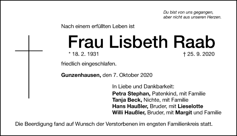  Traueranzeige für Lisbeth Raab vom 07.10.2020 aus Altmühl-Bote Lokal