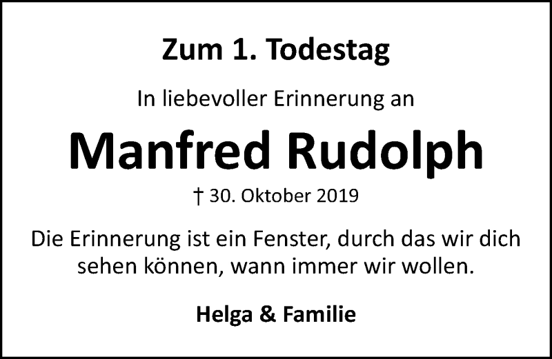  Traueranzeige für Manfred Rudolph vom 30.10.2020 aus Schwabacher Tagblatt Lokal