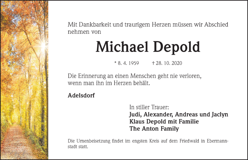  Traueranzeige für Michael Depold vom 31.10.2020 aus Nordbayerische Nachrichten Herzogenaurach Lokal