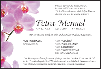 Traueranzeige von Petra Mensel von Windsheimer Zeitung Lokal