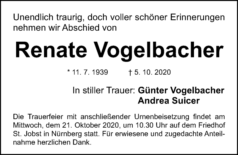  Traueranzeige für Renate Vogelbacher vom 17.10.2020 aus Gesamtausgabe Nürnberger Nachrichten/ Nürnberger Ztg.