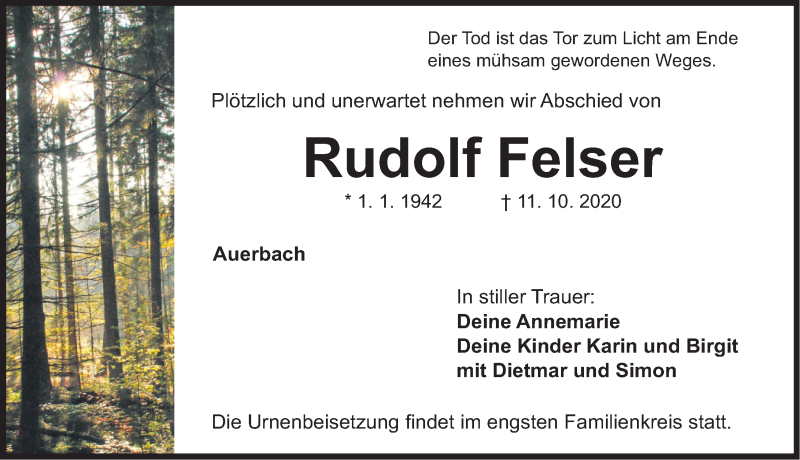  Traueranzeige für Rudolf Felser vom 14.10.2020 aus Nordbayerische Nachrichten Pegnitz Lokal