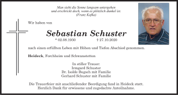 Traueranzeige von Sebastian Schuster von Roth-Hilpoltsteiner Volkszeitung Lokal