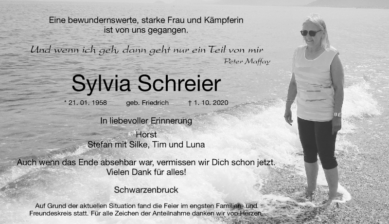  Traueranzeige für Sylvia Schreier vom 06.10.2020 aus Gesamtausgabe Nürnberger Nachrichten/ Nürnberger Ztg.