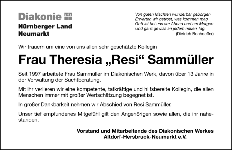  Traueranzeige für Theresia Sammüller vom 31.10.2020 aus Neumarkter Nachrichten Lokal