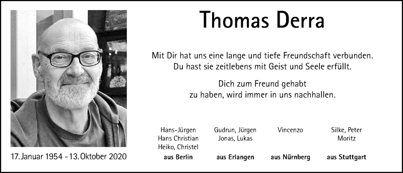  Traueranzeige für Thomas Derra vom 30.10.2020 aus Erlanger Nachrichten Lokal
