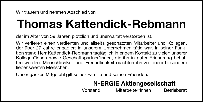  Traueranzeige für Thomas Kattendick-Rebmann vom 10.10.2020 aus Gesamtausgabe Nürnberger Nachrichten/ Nürnberger Ztg.