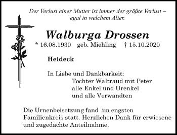 Traueranzeige von Walburga Drossen von Roth-Hilpoltsteiner Volkszeitung Lokal