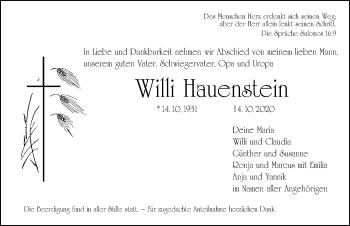 Traueranzeige von Willi Hauenstein von Fürther Nachrichten Lokal
