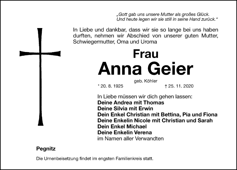  Traueranzeige für Anna Geier vom 26.11.2020 aus Nordbayerische Nachrichten Pegnitz Lokal
