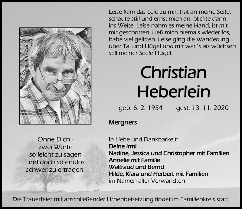  Traueranzeige für Christian Heberlein vom 21.11.2020 aus Nordbayerische Nachrichten Pegnitz Lokal