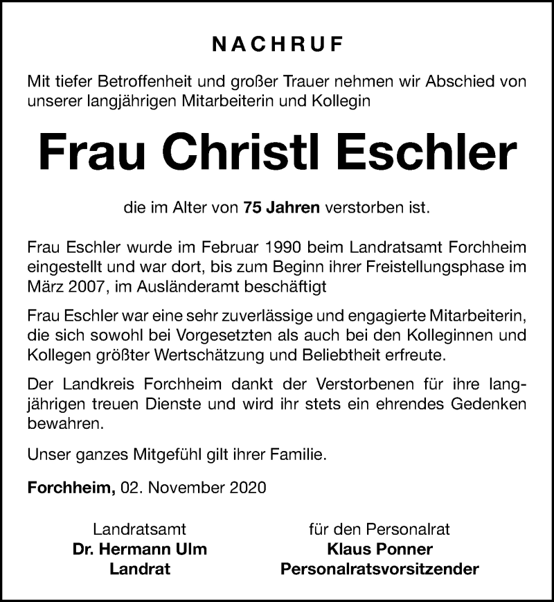  Traueranzeige für Christl Eschler vom 04.11.2020 aus Nordbayerische Nachrichten Forchheim Lokal