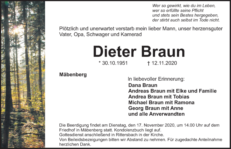 Traueranzeige für Dieter Braun vom 16.11.2020 aus Roth-Hilpoltsteiner Volkszeitung Lokal