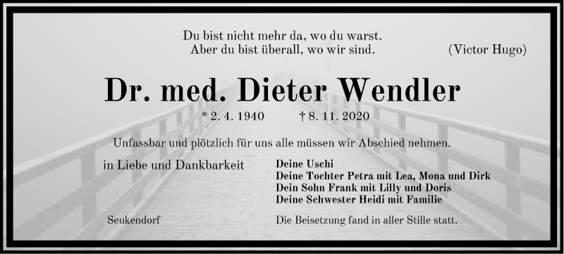  Traueranzeige für Dieter Wendler vom 18.11.2020 aus Gesamtausgabe Nürnberger Nachrichten/ Nürnberger Ztg.