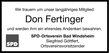 Traueranzeige von Don Fertinger von Windsheimer Zeitung Lokal