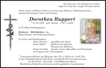 Traueranzeige von Dorothea Ruppert von Roth-Hilpoltsteiner Volkszeitung Lokal