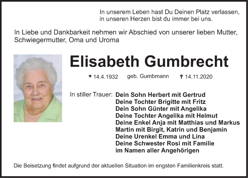 Traueranzeigen von Elisabeth Gumbrecht | trauer.nn.de