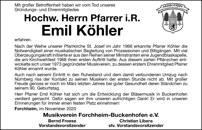  Traueranzeige für Emil Köhler vom 24.11.2020 aus Nordbayerische Nachrichten Forchheim Lokal