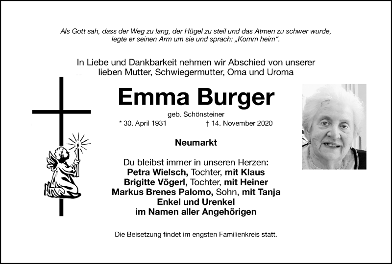  Traueranzeige für Emma Burger vom 28.11.2020 aus Neumarkter Nachrichten Lokal