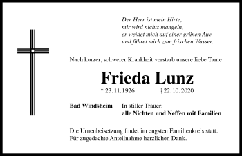 Traueranzeige von Frieda Lunz von Windsheimer Zeitung Lokal