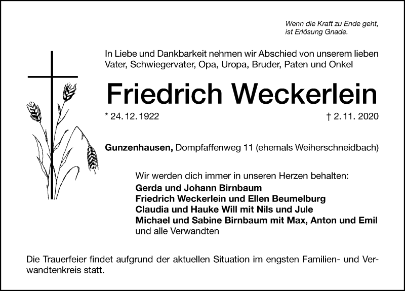  Traueranzeige für Friedrich Weckerlein vom 05.11.2020 aus Altmühl-Bote Lokal