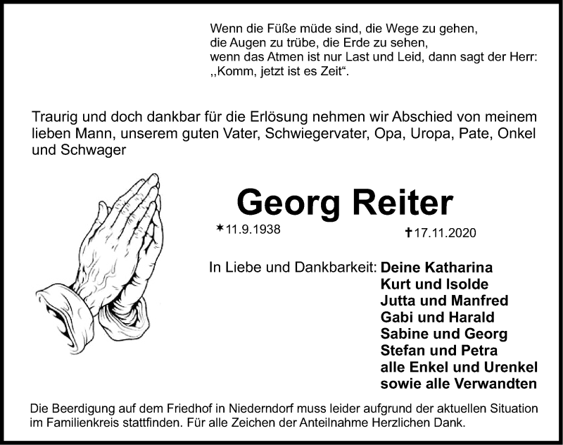  Traueranzeige für Georg Reiter vom 21.11.2020 aus Nordbayerische Nachrichten Herzogenaurach Lokal