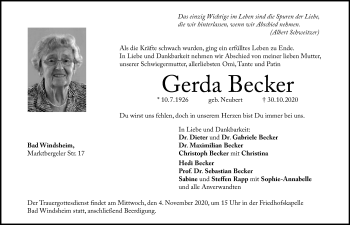 Traueranzeige von Gerda Becker von Windsheimer Zeitung Lokal