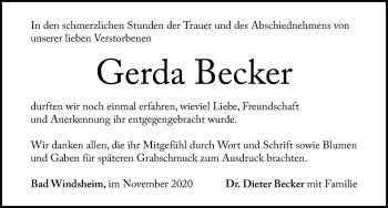 Traueranzeige von Gerda Becker von Windsheimer Zeitung Lokal