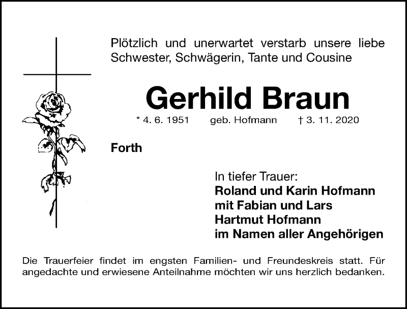  Traueranzeige für Gerhild Braun vom 07.11.2020 aus Gesamtausgabe Nürnberger Nachrichten/ Nürnberger Ztg.
