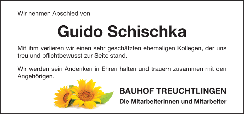  Traueranzeige für Guido Schischka vom 24.11.2020 aus Weißenburger Tagblatt u.Treuchtlinger Kurier Lokal