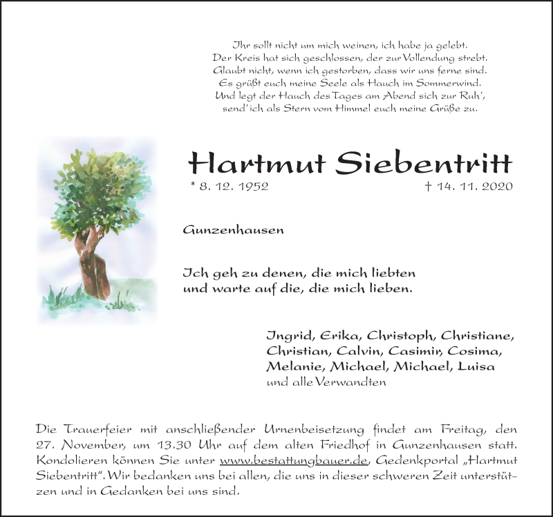  Traueranzeige für Hartmut Siebentritt vom 21.11.2020 aus Altmühl-Bote Lokal